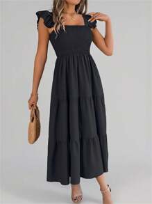 New Arrival Summer Solid Color Square Neck Backless Casual Ruffle Hem Sleeveless Camisole Little Black Dress - Black - View 5