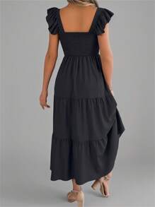 New Arrival Summer Solid Color Square Neck Backless Casual Ruffle Hem Sleeveless Camisole Little Black Dress - Black - View 2