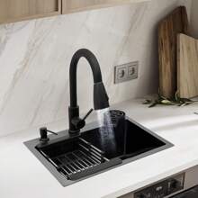 Eatssode 40 X 45cm Kitchen Sink, Stainless Steel Sink, Built-In Sink Including Soap Dispenser Over Drain Fitting, Suitable For Kitchens, Restaurants, Cafes, Bars Etc. - 黑色 - 查看 1