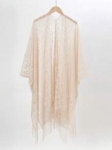 1件纯色镂空蕾丝流苏披肩，多功能沙滩巾 - 彩色 - 查看 17