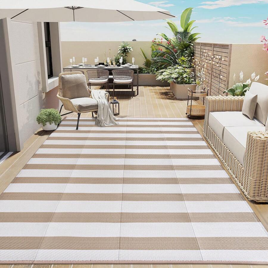 Outdoor Waterproof Patio Rug 5X8 6x9 8X10 9X12 Plastic Straw Reversible Lightweight Outside Beige Stripe Large Carpet Outdoor For Camping RV Porch Deck Balcony Beach - Classic Stripes (Apricot Beige) - View 1