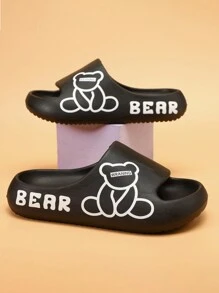 1 双儿童可爱熊图案 EVA 平底凉鞋，简约风格适合所有季节、沙滩、淋浴、休闲穿着 - 黑色 - 查看 3