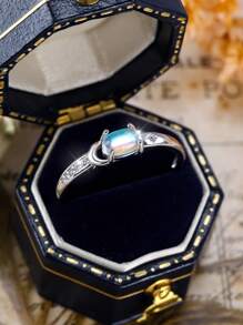 1 pieza Anillo de mujer de plata pura con estrella y piedra lunar ovalada elegante, regalo para fiesta/cumpleaños/aniversario