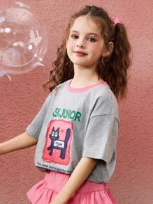 ASK JUNIOR 青少年女孩短袖 T 恤,可爱图案印花圆领休闲 T 恤 - 灰色 - 查看 6