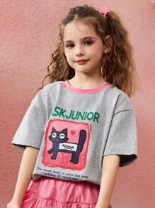 ASK JUNIOR 青少年女孩短袖 T 恤,可爱图案印花圆领休闲 T 恤 - 灰色 - 查看 2