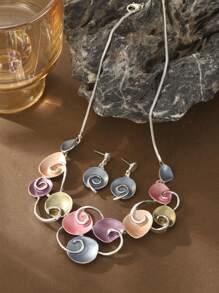1 Set de 2 piezas Conjunto de joyería elegante y vintage de flores geométricas de aleación de zinc esmaltadas y coloridas, que incluye collar colgante y pendientes, adecuado para uso diario, fiestas, citas, vacaciones y como regalo para mujeres