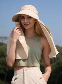 1pc Solid Color Large Brim Hat With Detachable Face Mask, Shoulder Cape For Sun Protection Polyester, Spring Season