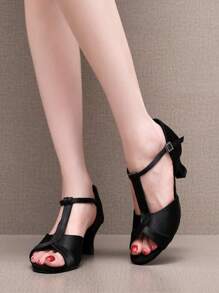 Ladies' Canvas & Genuine Leather Sole Latin Dance Shoes, Ballroom Dance Shoes With Medium High Heels, Suitable For All Seasons - Black - View 2