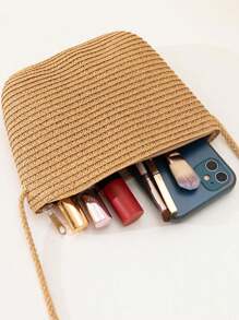 2件套女士卡其色波浪纹沙滩遮阳帽和草编斜挎包，适合海滩度假 - 彩色 - 查看 7