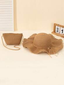 2件套女士卡其色波浪纹沙滩遮阳帽和草编斜挎包，适合海滩度假 - 彩色 - 查看 2