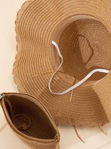 2件套女士卡其色波浪纹沙滩遮阳帽和草编斜挎包，适合海滩度假 - 彩色 - 查看 4