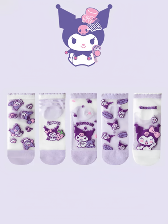 Sanrio Serie Sanrio 5 pares de calcetines de malla de seda de hielo para niños, cómodos y transpirables, con personajes de dibujos animados, fresas, lazos, calcetines versátiles, lindos y divertidos