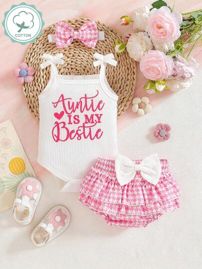 新款時尚寶寶女孩夏季三件套裝，包括吊帶上衣、髮箍和蝴蝶結裝飾布褲