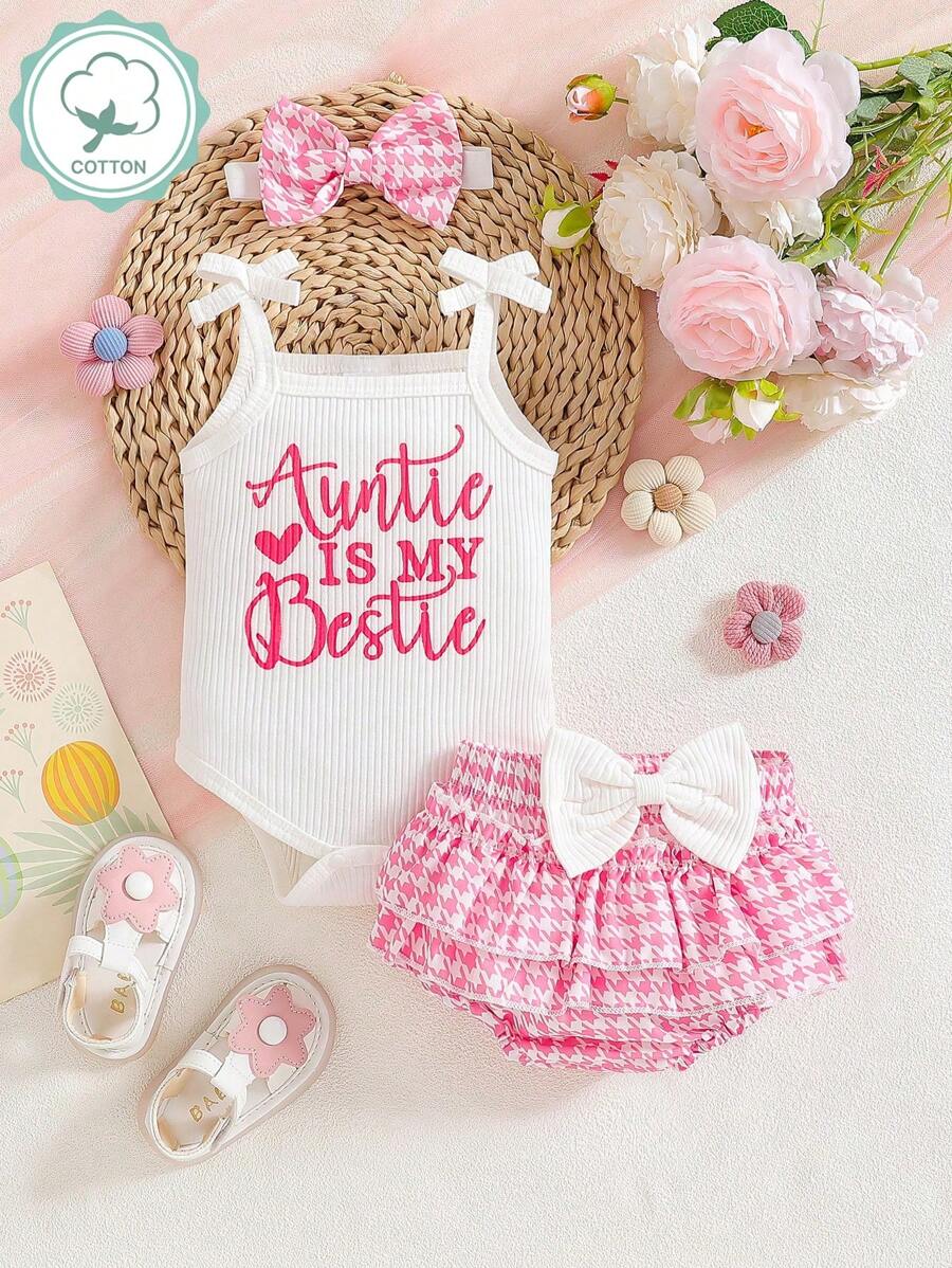 New Fashion Baby Girls' Summer 3pcs Set, Including Suspender Top, Hair Band And Bow-Knot Decorated Bloomers - Pink - View 1