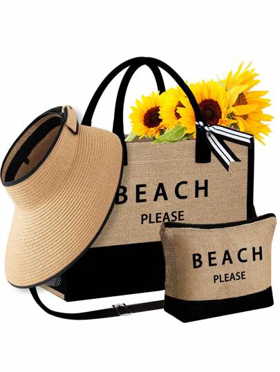 沙滩手提包配遮阳帽，帆布沙滩包套装包括：女士卡其色波浪形遮阳帽、单肩包、手提包、亚麻化妆包、宽檐防晒帽、蝴蝶结户外旅行帽、沙滩必备单品、夏季女士包，非常适合旅行、度假、假日和海滩。