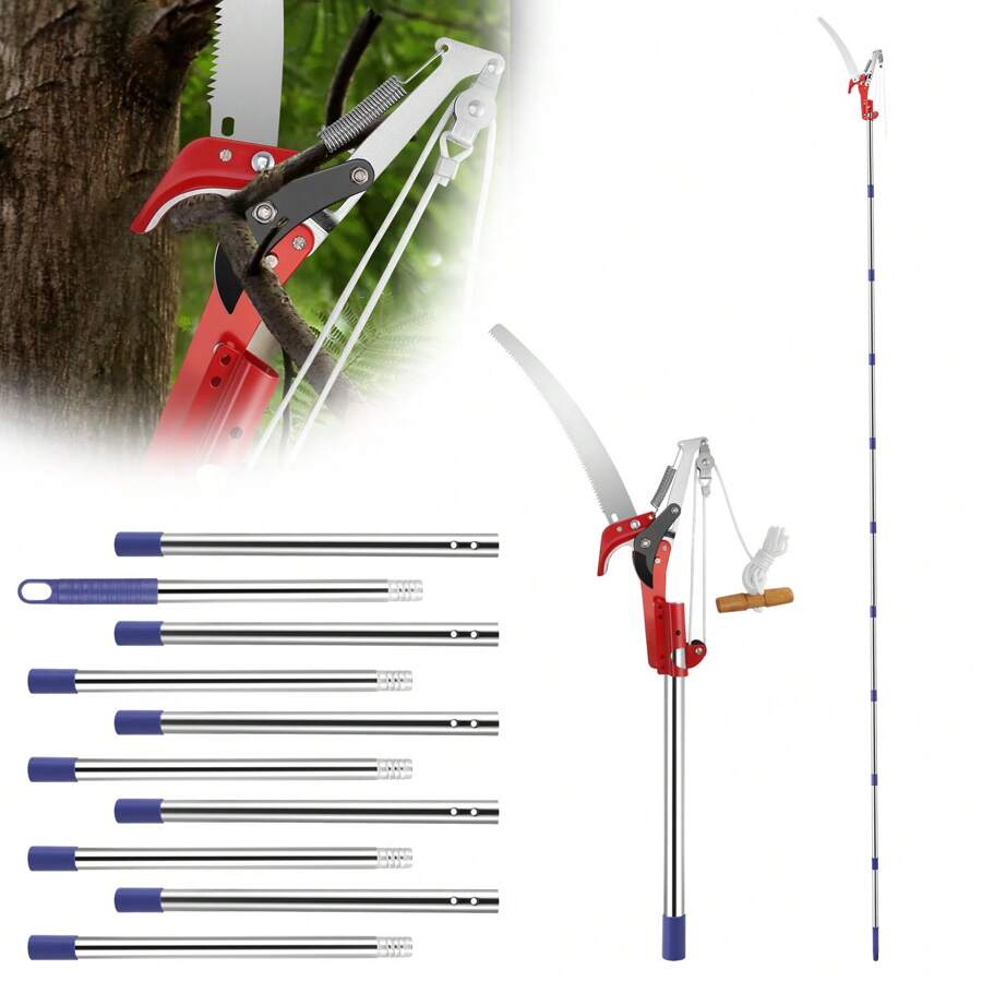 4m red splicing pole, branch pruning and pruning, high branch saw (10 sections)+2 pulleys - Rot - Übersicht 1