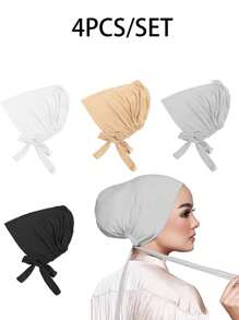 4pcs Women Plain Elastic Band Headscarf Set, Classic Inner Hijab For Multi-Occasion, Versatile Daily Use - 4PCS Strap Caps - View 1