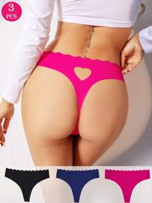 3 Pcs Seamless Panties Hollow Out Heart Shape No-Show Underwear Women Thongs - Multicolor - View 4