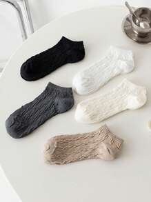 5 Pairs Women's Solid Color Simple Cable Knit Athletic Style Breathable Ankle Socks