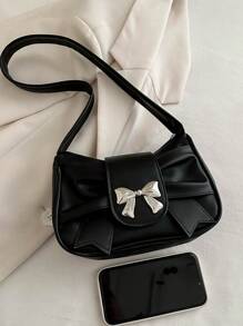 褶皱蝴蝶结金属装饰 PU 皮革腋下包，拉链开合时尚轻便单肩包，适合休闲、约会、礼物、甜美、清新优雅风格的小手提包 - 黑色 - 查看 2