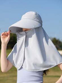 1pc Solid Color Large Brim Hat With Detachable Face Mask, Shoulder Cape For Sun Protection Polyester, Spring Season