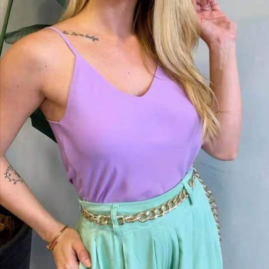 Women's Tank Top With Adjustable Straps Basic Crepe V1 Collar Strapless Tank Top Various Colors D-32 - Mauve Purple - View 1