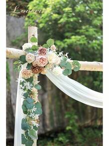 Artificial Flowers Wedding Arch Decoration Kit (Pack Of 3) - 2pcs Aobor Flower Arrangement & 1pc Chiffon Drape For Wedding Ceremony Backdrop Decoration, Elegant Dusty Rose