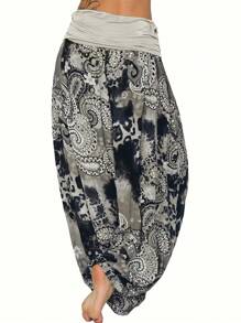 Plus Size Women Printed Casual Loose Long Pants - 卡其色 - 查看 2