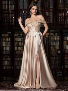 Faeriesty Elegant Shimmering Sequin-Satin Evening Gown With Side-Slit Design | Luxury Gala Look For Weddings, Parties Or High-End Events, Party Dress, Wedding Guest Dress, Formal Dress, Evening Dress - Champagne - View 2