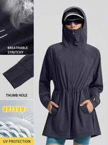 TECTOP 女士户外防晒连帽衫，UPF200+，中长款，抽绳腰带，透气凉爽，春夏款 - 灰色 - 查看 4