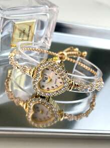 1 pièce Montre-bracelet pour femmes en alliage or rose, or et argent avec un boîtier en forme de cœur, un cadran avec chiffres arabes, un mouvement à quartz et un style à cordon ajustable pour un port quotidien