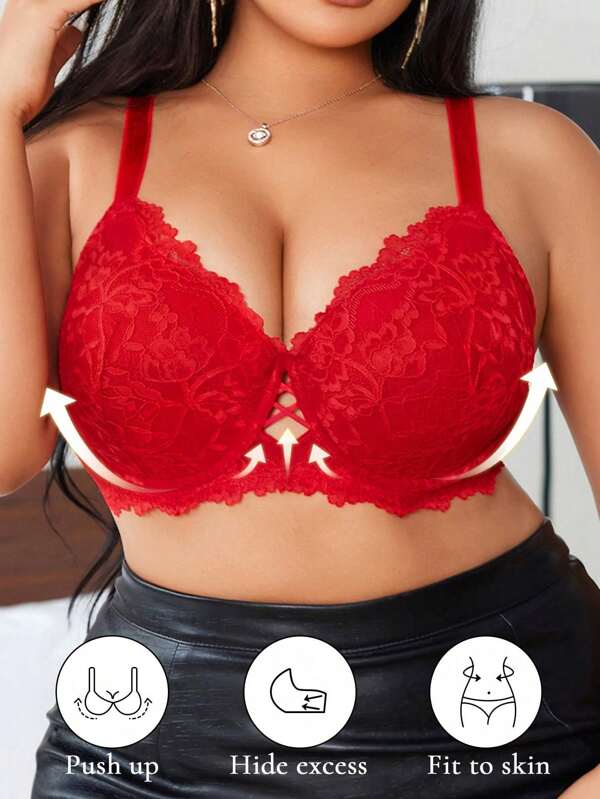 1pc Plus Size Sexy Lace Breathable And Comfortable Seamless Gathered Adjustable No-Wire Bra To Enhance Chest Tension