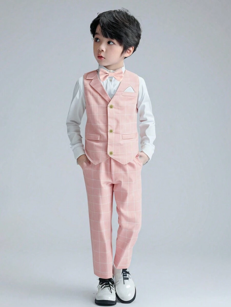 3pcs/Set Young Boy Children Formal Tuxedo Vest, Pants, Necktie Gentleman Suit, Suitable For Holidays, Celebrations, And Daily Activities - Pink - View 1