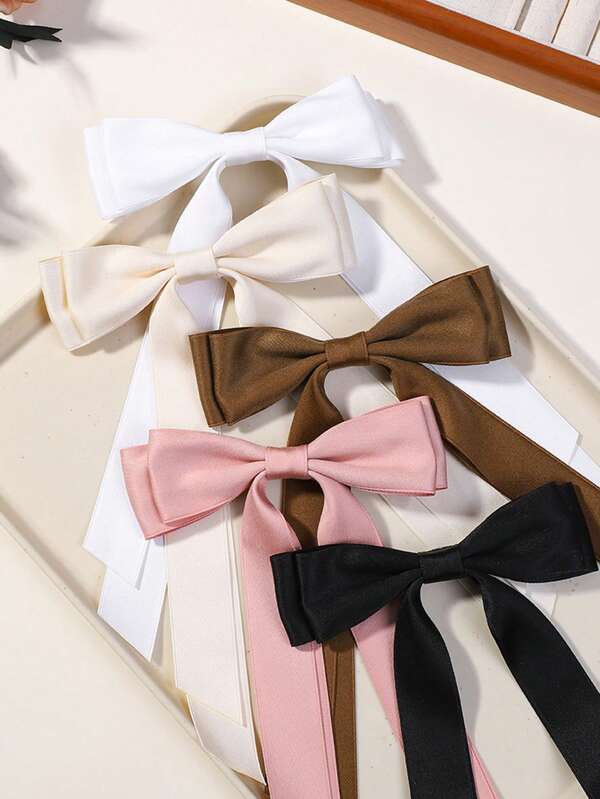 Set de 5 piezas/1 pieza Elegante accesorio para el cabello de estilo retro y minimalista de alta calidad con lazo doble de 24 cm/9.45 pulgadas en color negro/blanco/beige/rosa/café, adecuado para mujer para uso diario/vacaciones/trabajo, pinzas de cocodrilo, accesorios para el cabello, clips para el cabello