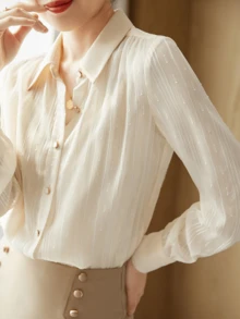 YUXIN Elegancka francuska bluzka z szyfonu z kołnierzykiem polo, wiosenne nowości, prążkowany żakardowy wzór, długi rękaw - Morela - Zobacz 2