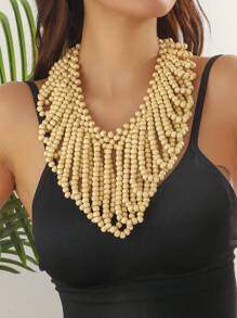 Handwoven Wood Bead V-Shaped Necklace, Exaggerated African Bridal Accessory, Party Decoration, Factory Outlet, Natural Wood Beads, Slight Defects, Occasional Color Difference, Not Seconds, Caution For Those Seeking Perfection