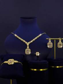 5pcs 18K Gold Plated Luxury Royal Style Square Tassel Design Bridal Wedding Jewelry Set, Including Necklace, Bracelet, Earrings, Ring, Handcrafted With White & Green Cubic Zirconia, Suitable For Daily Wear And Wedding Ceremony, Wedding Anniversary Gift - Bridal Set - View 2