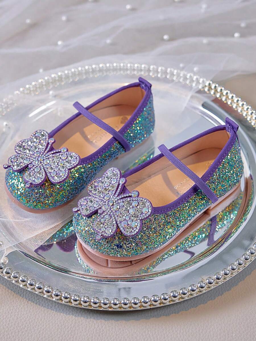 1 Pair Girls Rhinestone Bow Flats, Children Glitter Leather Slip-On Princess Dress Shoes, Soft Bottom Anti-Slip Suitable For Daily Outfit, Party, Dance, All Season - Purple - View 1