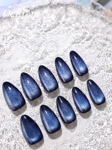 24 件（12 件蓝色猫眼 + 12 件黑色纯色）长杏仁形蓝色银河猫眼美甲套装，包括 2 件果冻凝胶和 1 件指甲锉，适合女孩和女性按压指甲 - 藍色 - 查看 3