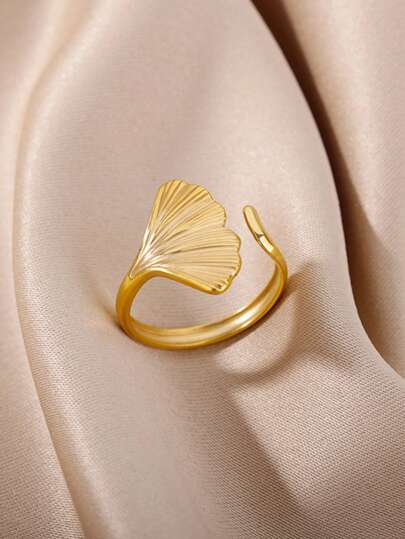 18K Gold Plated Mermaid Shell & Ginkgo Leaf Adjustable Open Ring, Tassel Decor, Waterproof & Fade Resistant, Suitable For Wedding, Vacation, Daily Wear, Great Gift For Her