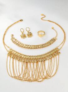 5 件/套时尚流苏链多层项链、金币、圆形硬币吊坠、耳环、手链、戒指、首饰套装、新娘结婚首饰、女士节日黄金首饰 - 金黃色 - 查看 2