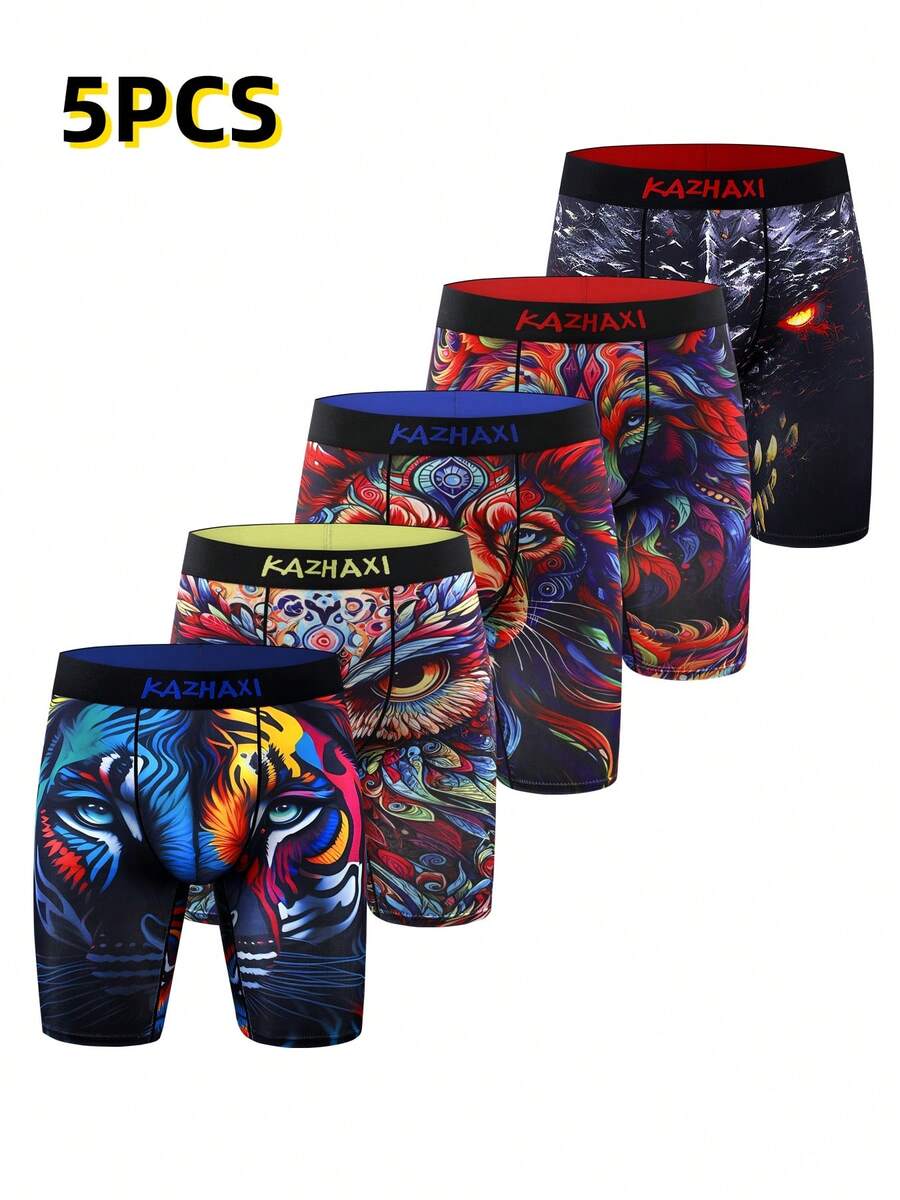 5pcs/Set Animal Printed Long Boxer Briefs, Stretchy Comfort Sports Casual Underwear - 彩色 - 查看 1