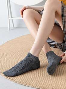 5 Pairs Women's Solid Color Simple Cable Knit Athletic Style Breathable Ankle Socks