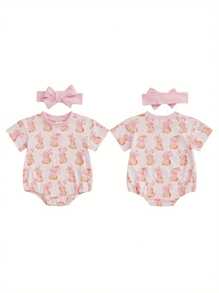 Baby Girls Easter Rabbit  Eggs Print Romper - Soft Cotton Outfit With Headband For Spring - Pink - View 4