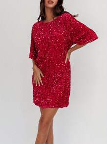 Women's Sequin Dress Casual Loose Sparkly Round Neck Short Sleeve Open Back Tie-Up Mini T-Shirt Dress For Party Club