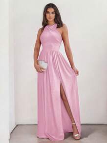 Sofisticado Vestido Largo con Hombros Descubiertos y Abertura en Pierna - Rosa Fucsia - Ver 3