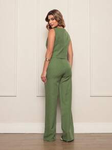 Women's Tailored Set Vest + Pants Casual/Social Fashion - Green/White - View 2