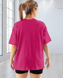 Oversized T-Shirt For Women Cotton T-Shirt Round Neck Short Sleeves Dropped Shoulders Loose Relaxed Fit Casual Or Sporty - 玫紅色 - 查看 2