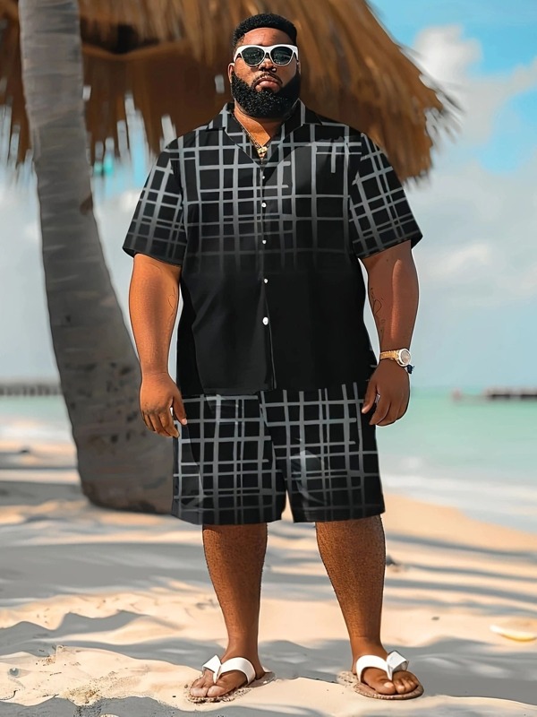 1 Set Plus Size Men's Black Plaid Print Shirt And Beach Shorts Set, Casual Button Up Short Sleeve Shirt, Suitable For Outdoor Activities