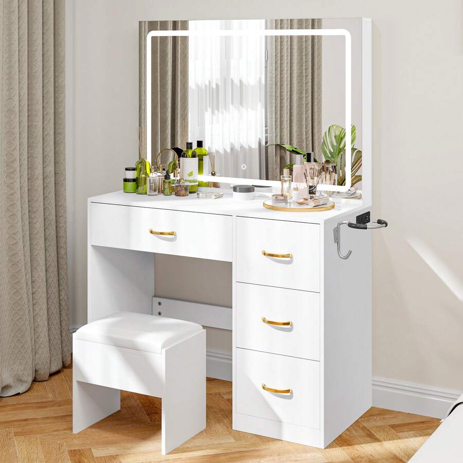 Dressing Table With Mirror, Cosmetic Table With 4 Drawers, Lighting, Socket, White - White - View 1